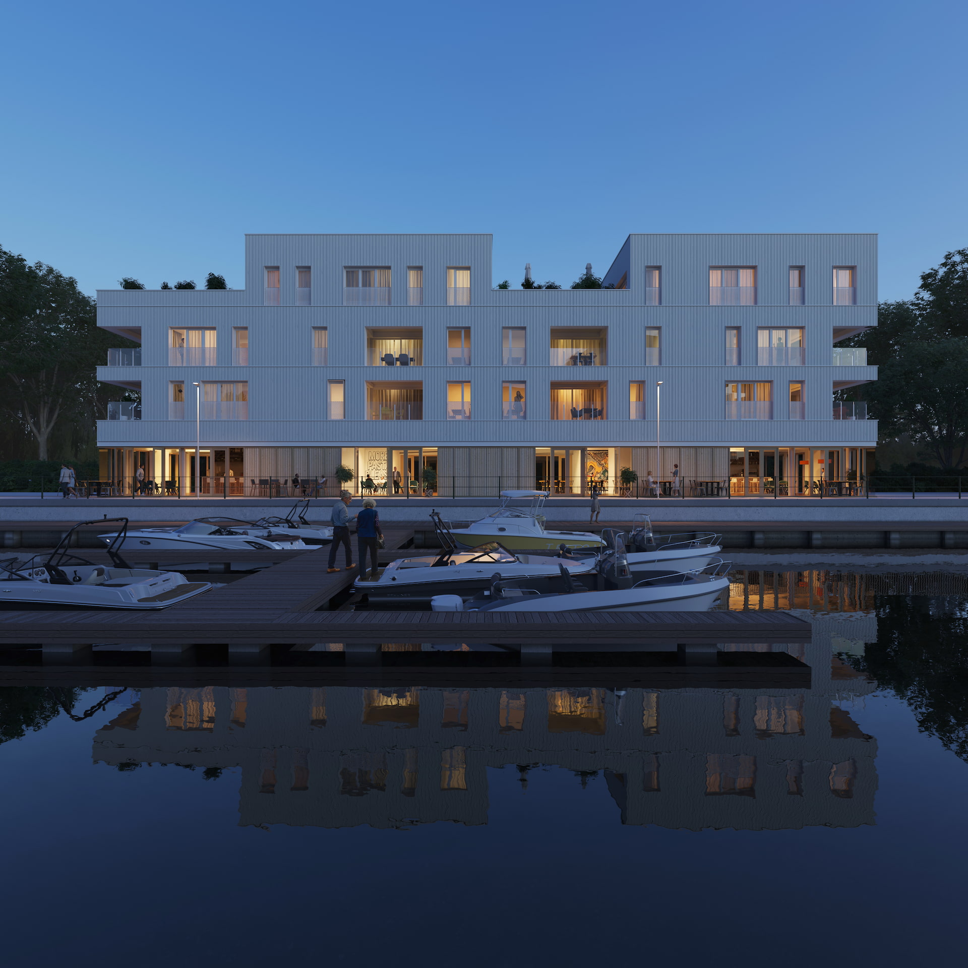 Neo Legia Rives Ardentes Residential Development Liége Belgium boats waterfront night