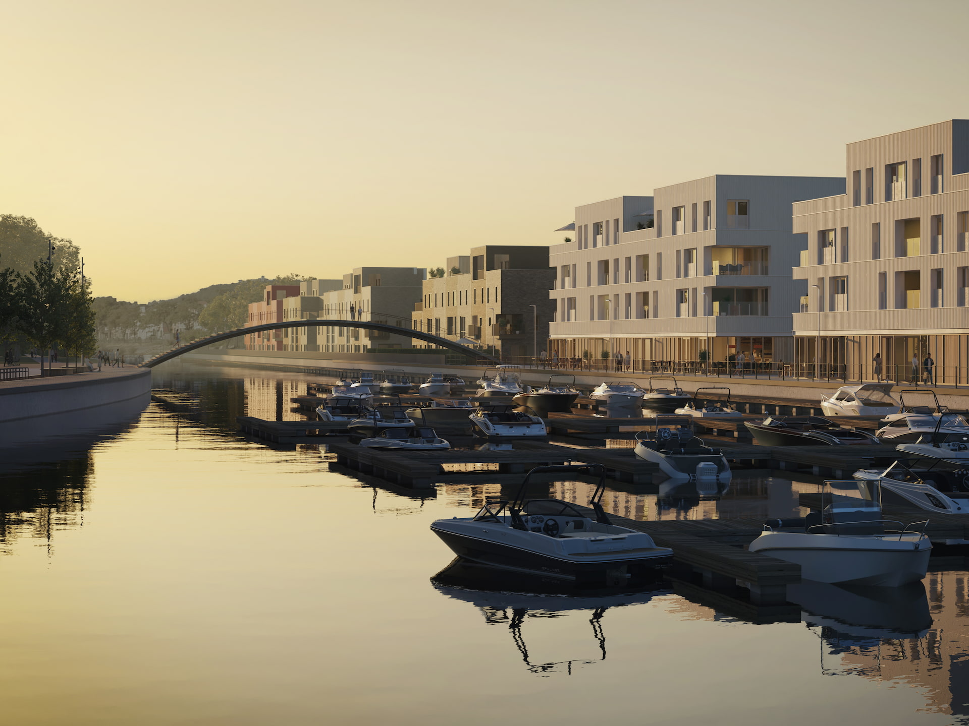 Neo Legia Rives Ardentes Residential Development Liége Belgium boats river sunset