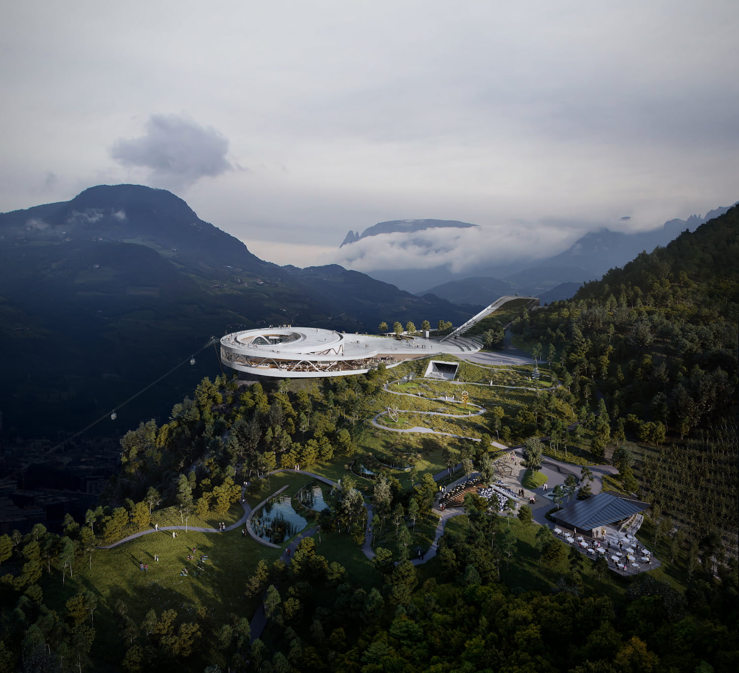 Viva Virgolo Cable Car Bolzano aerial rendering mountain dusk