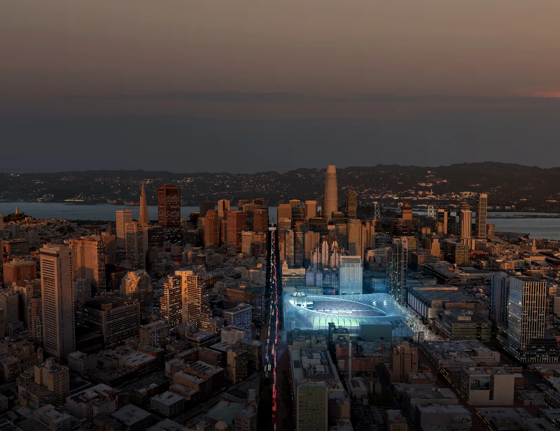 Aerial view of Gensler-designed Downtown Stadium illuminated at night, showcasing the architectural grandeur and vibrant city lights.