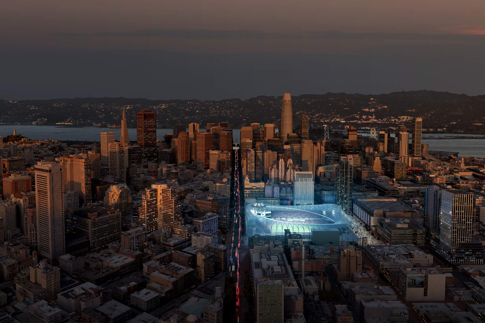 Aerial view of Gensler-designed Downtown Stadium illuminated at night, showcasing the architectural grandeur and vibrant city lights.