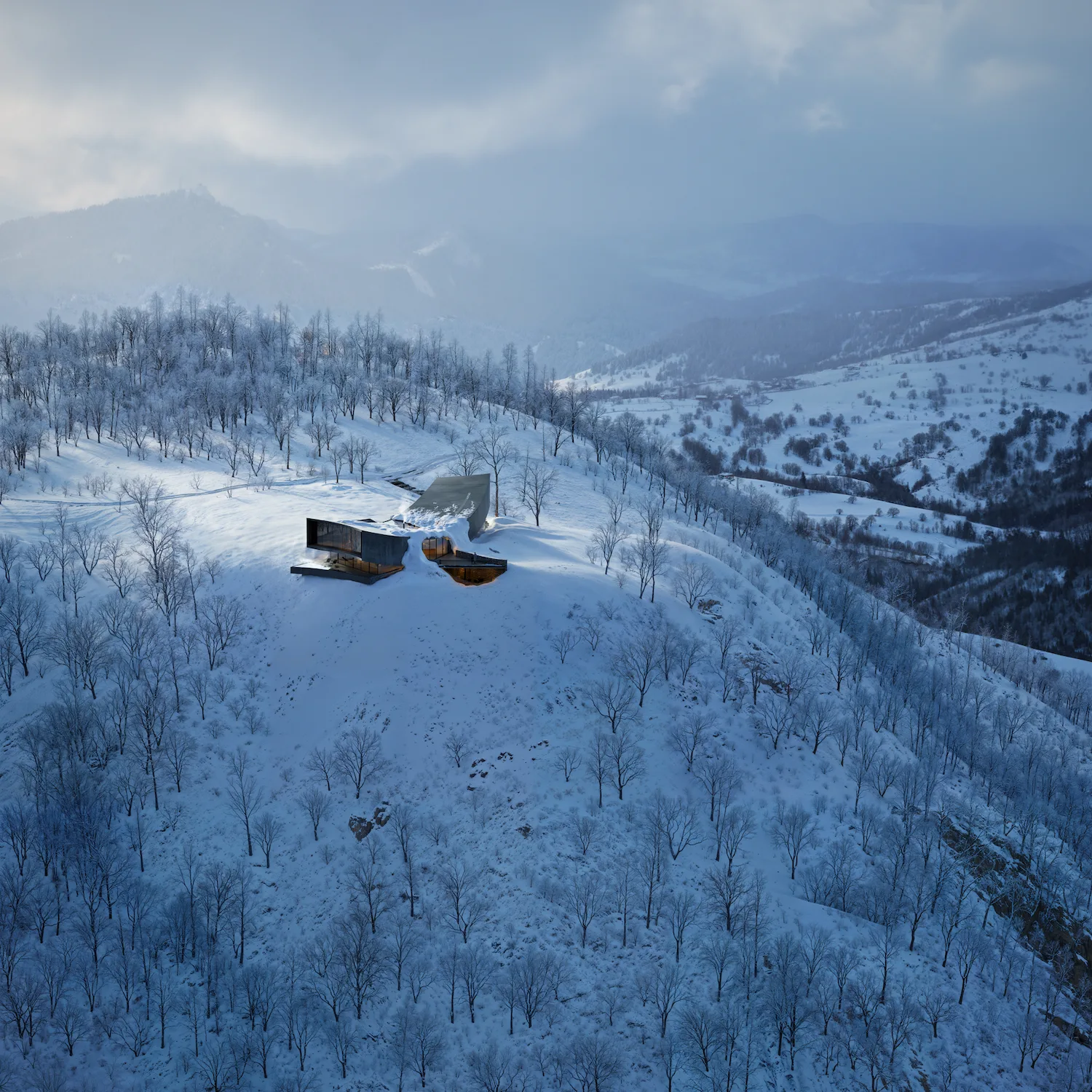 Aerial rendering of a luxury villa in Niseko, Hokkaido, Japan, designed by Snøhetta, surrounded by snowy landscapes with views of Mount Yotei.