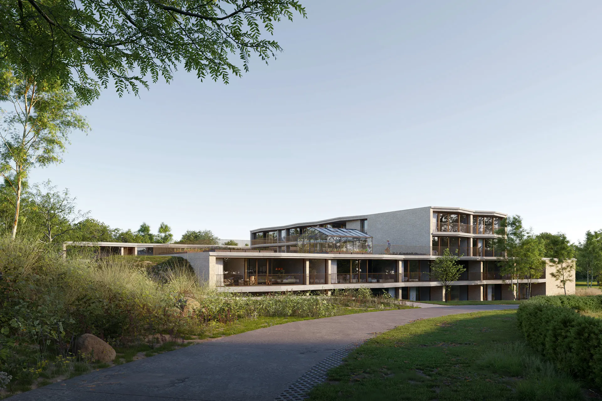 Rooftop garden rendering of Mathilde Home by ZOA, offering seniors a green oasis in Koksijde, Belgium