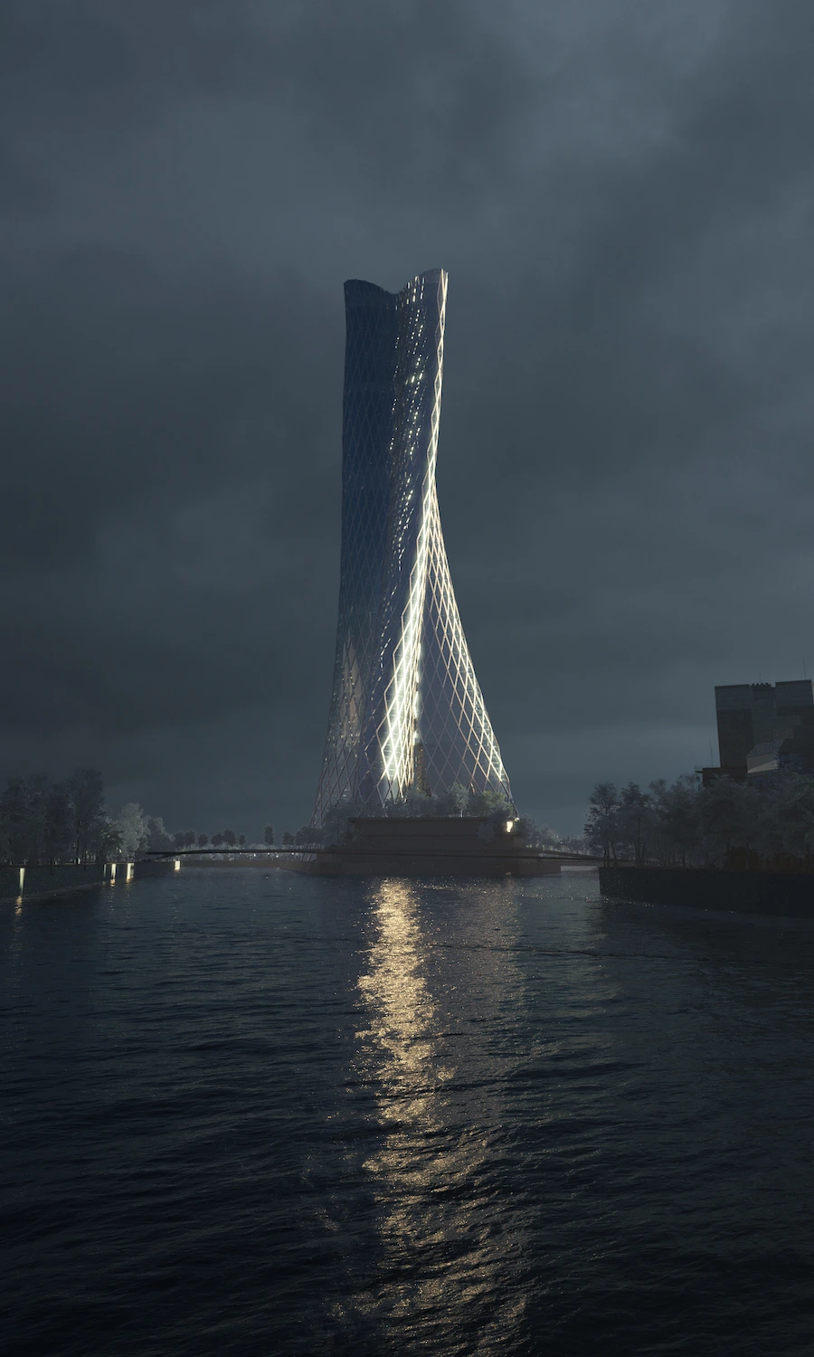 A tall, spiraling tower glows with white lights against a moody, dark sky.